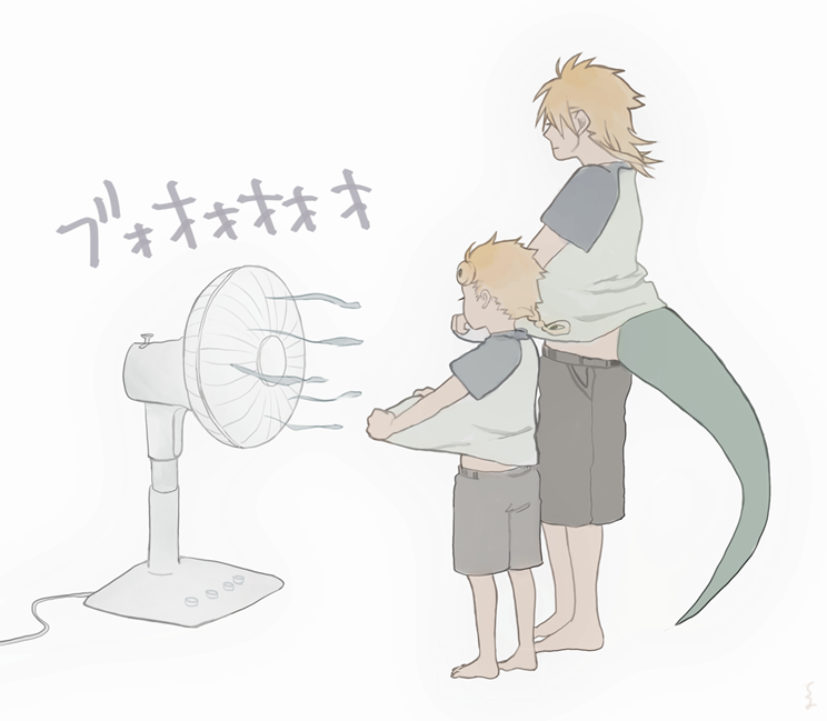 2boys, blonde_hair, diego_brando, electric_fan, giorno_giovanna, jojo_no_kimyou_na_bouken, kinouka, multiple_boys, scary_monster_(stand), shirt_lift, shorts, stand_(jojo), steel_ball_run, summer, t-shirt, tail