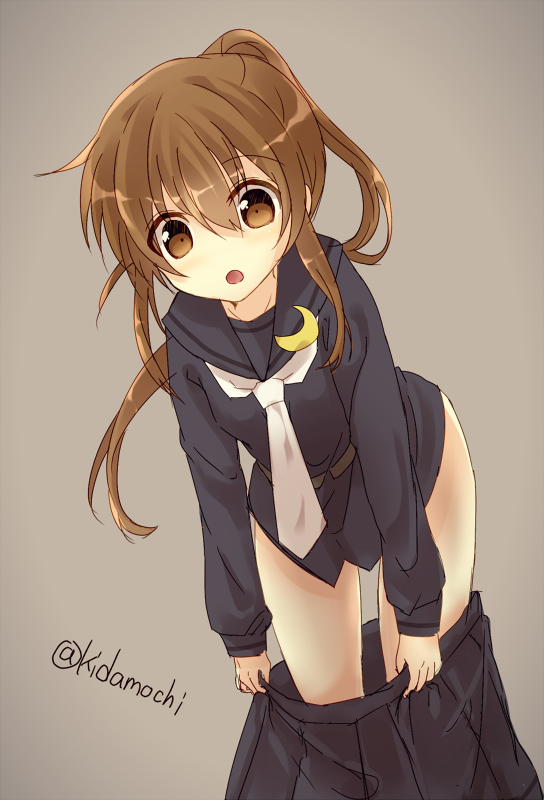 1girl, :o, black_serafuku, brown_eyes, brown_hair, crescent, fumizuki_(kantai_collection), grey_background