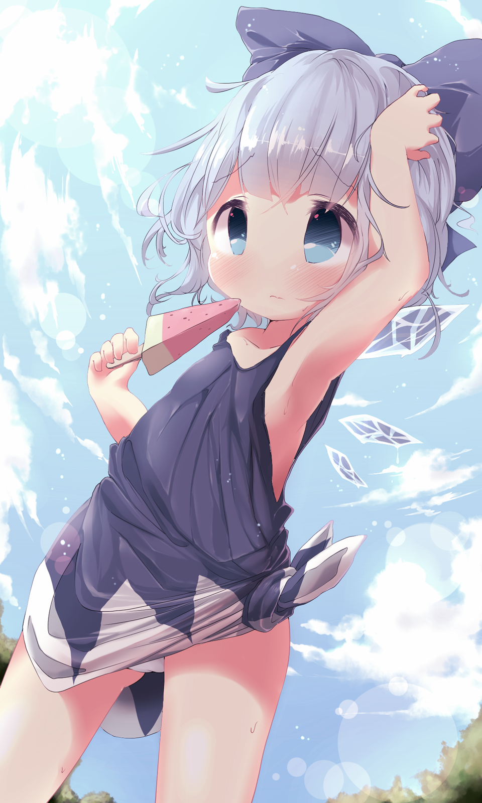1girl, akisha, arm_up, armpits, bare_arms, blue_dress, blue_eyes, blue_sky