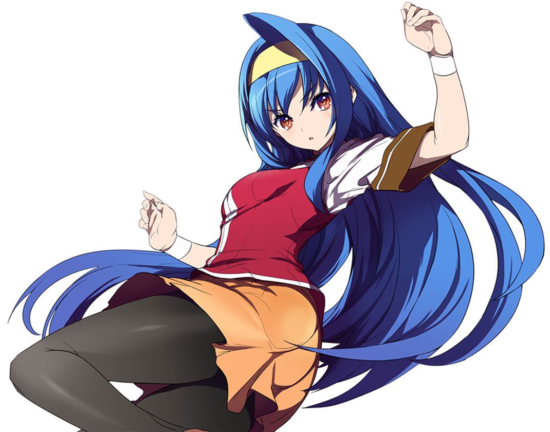 1girl, akaga_hirotaka, angry, arcana_heart, arcana_heart_3, blue_hair, fighting_stance, frown