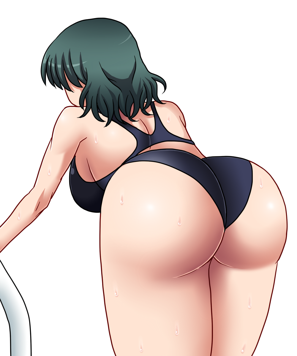 1girl, amazon_(taitaitaira), ass, back, bent_over, breasts, competition_swimsuit, green_hair