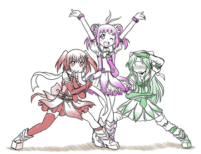 3girls, antenna_hair, armored_boots, arms_up, asymmetric_gloves, asymmetrical_legwear, bare_shoulders, blush
