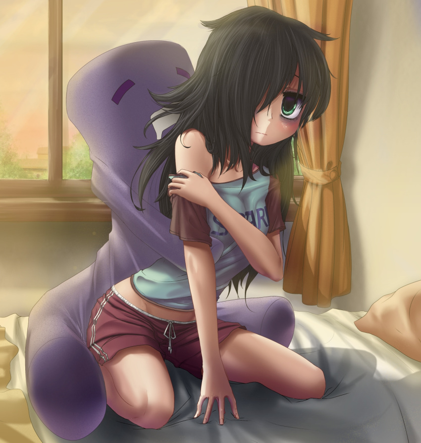 1girl, bags_under_eyes, bed, black_hair, blanket, green_eyes, hair_over_one_eye, hater_(artist)