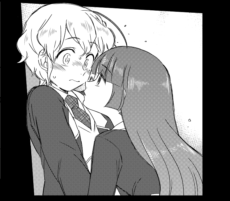 1boy, 1girl, blush, comic, eye_contact, houjou_sophie, koyama_shigeru, leona_west, long_hair, looking_at_another, mole, mole_under_eye, monochrome, puri_para, school_uniform, short_hair, sweat