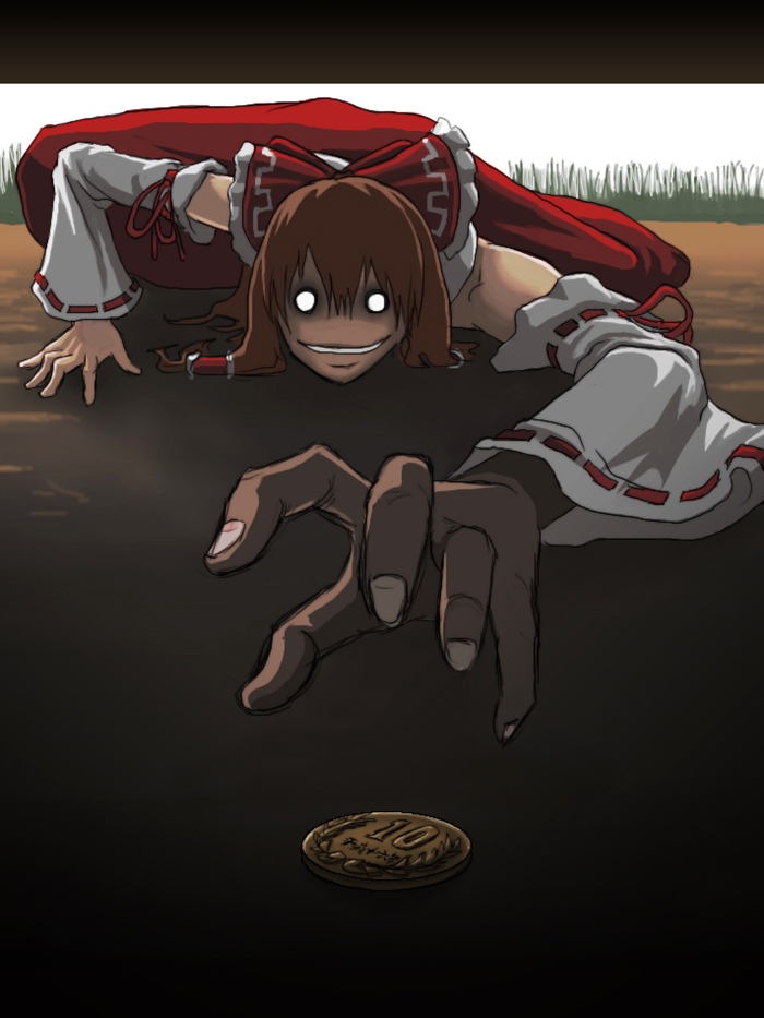 brown_hair, crazy_eyes, creepy, detached_sleeves, foreshortening, grin, hakurei_reimu, hands, jigoku_inu, o_o, poverty, sketch, smile, touhou
