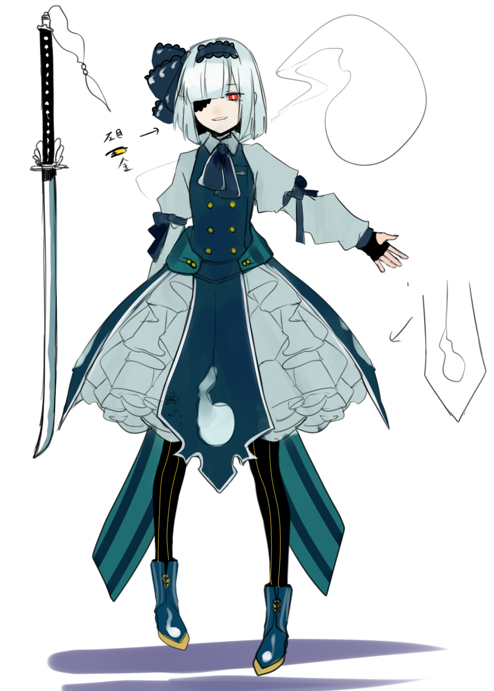 1girl, adapted_costume, alternate_costume, ascot, black_gloves, boots, bow, covering_one_eye