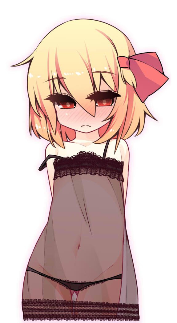 1girl, :c, bare_arms, bare_shoulders, black_panties, blonde_hair, blush, collarbone