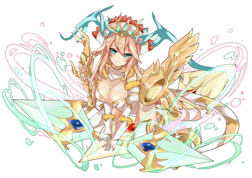 1girl, aqua_eyes, blonde_hair, breasts, cleavage, headdress, highres, long_hair