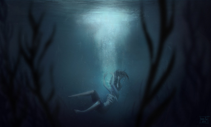 1girl, bandages, barefoot, capri_pants, dark, diving, freediving, kate-fox