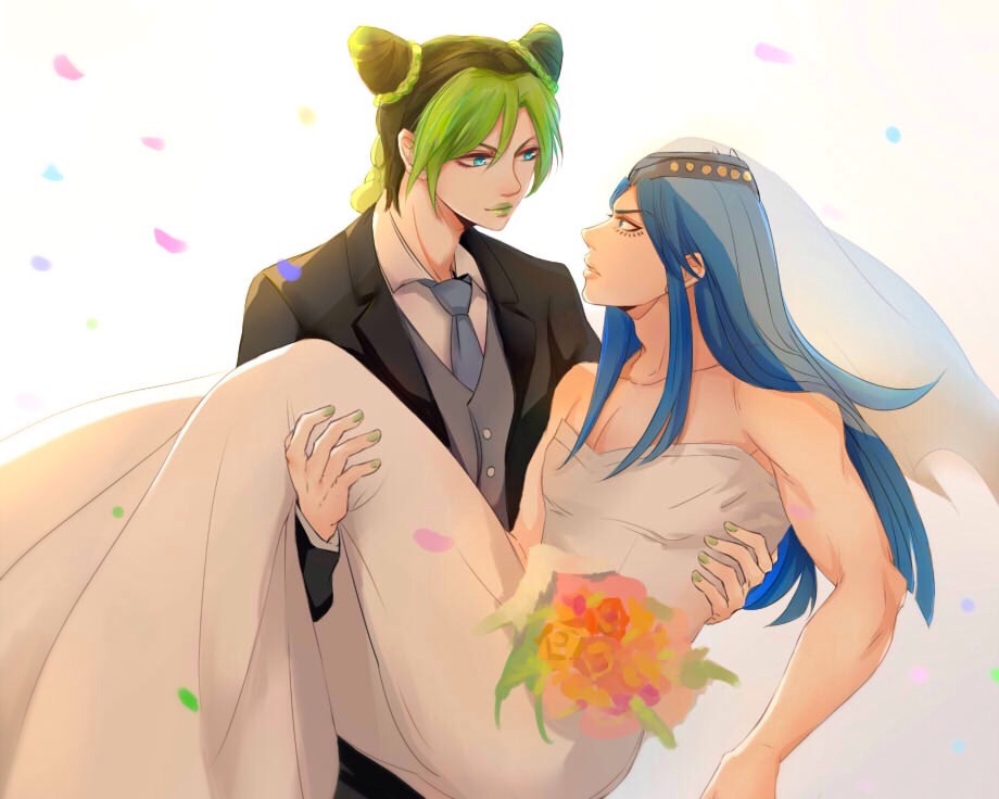 black_hair, blue_hair, bouquet, bridal_veil, carrying, couple, crossdressinging, double_bun, dress, eye_contact, facial_mark, flower, formal, ftpanda, gradient, gradient_background, green_eyes, green_hair, green_lipstick, hat, jojo_no_kimyou_na_bouken, kuujou_jolyne, lipstick, looking_at_another, makeup, multicolored_hair, narciso_anasui, necktie, petals, suit, two-tone_hair, veil, vest, wedding_dress