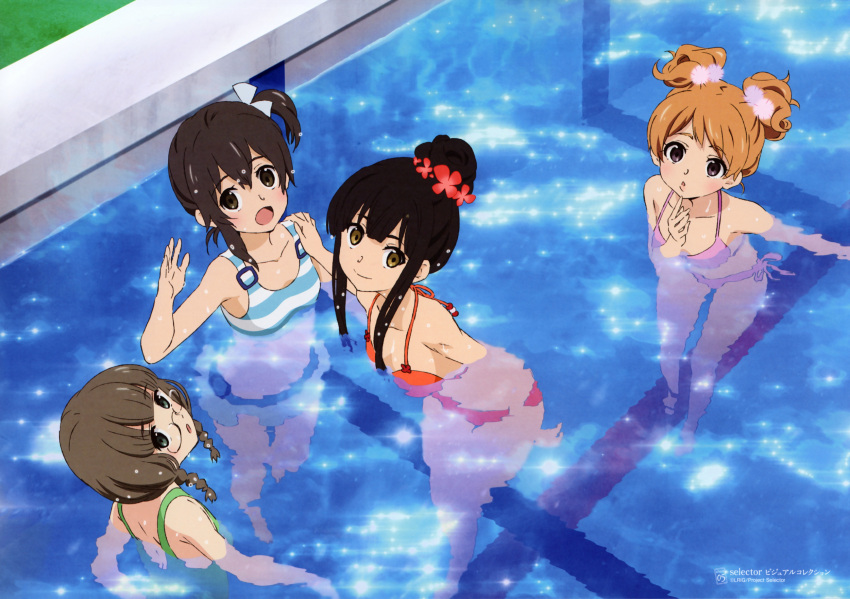 4girls, :o, aoi_akira, black_hair, bow, brown_eyes, brown_hair, glasses