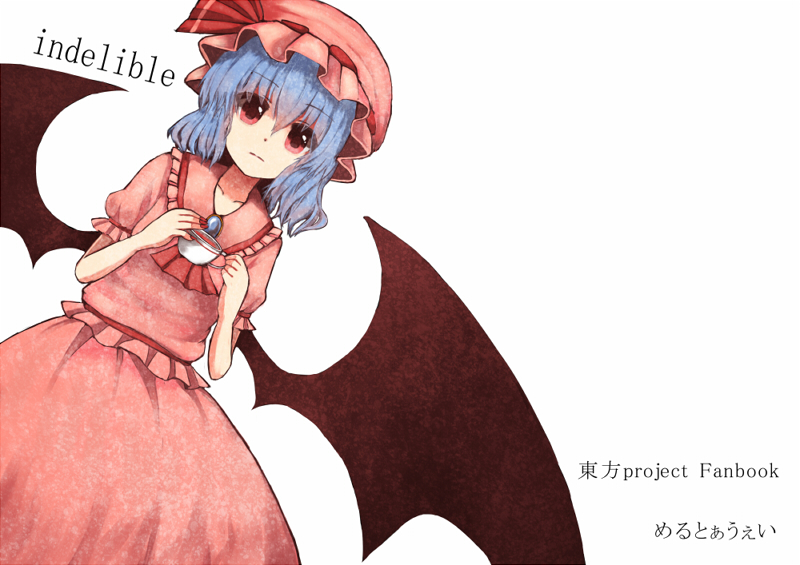 1girl, blue_hair, dress, hat, raayu, red_eyes, remilia_scarlet, short_hair