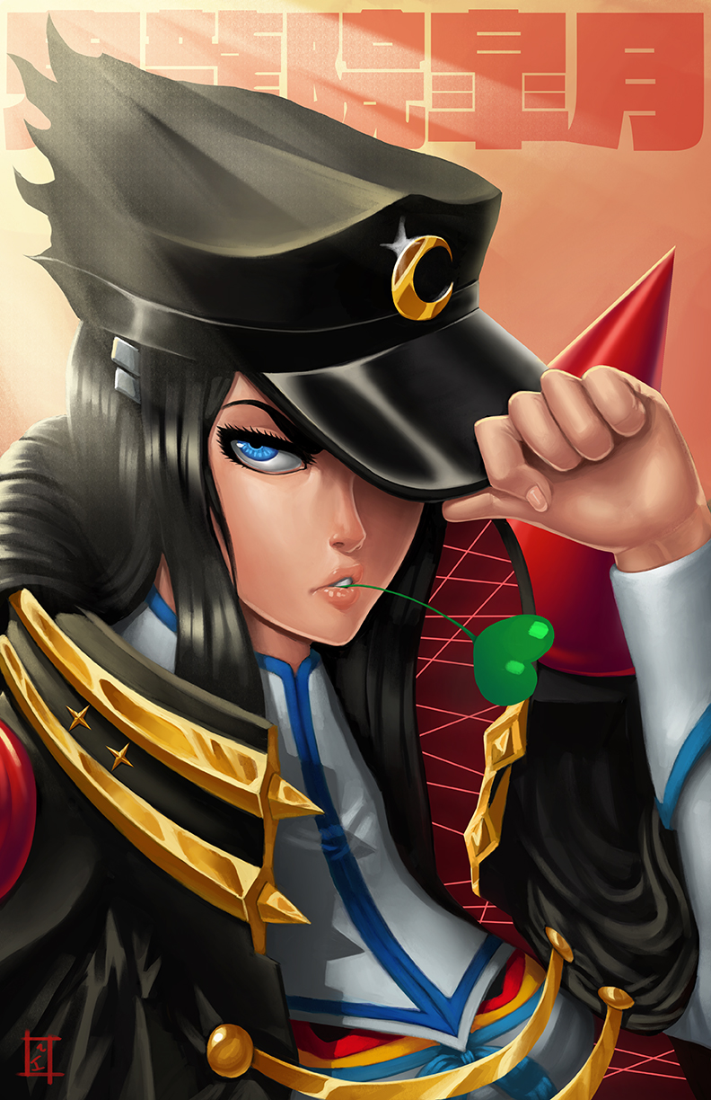 1girl, adjusting_clothes, adjusting_hat, banchou, black_hair, blue_eyes, hat, highres, isquaredart, junketsu, kill_la_kill, kiryuuin_satsuki, lips, solo