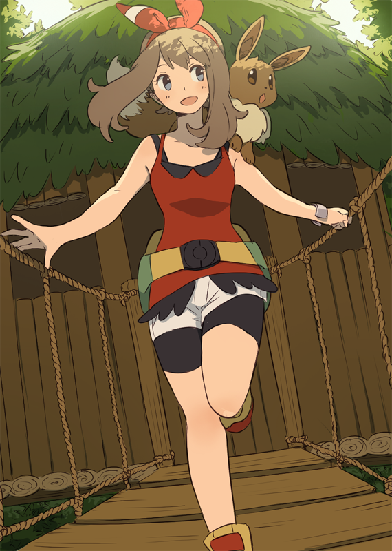 1girl, ai-wa, bike_shorts, blue_eyes, brown_hair, eevee, hair_ribbon, haruka_(pokemon)