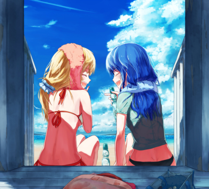 2girls, :d, aikatsu!, arm_support, back, bag, bangs, beach