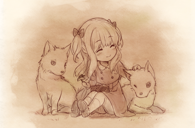 1girl, apple_bunny, blush, character_request, closed_eyes, long_hair, monochrome, one_eye_closed