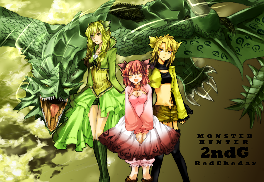 animal_ears, bandeau, boots, breasts, character_request, cleavage, dragon, dress