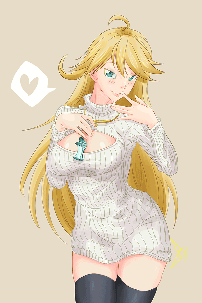 1girl, ahoge, between_breasts, black_legwear, blonde_hair, blue_eyes, blush, breasts