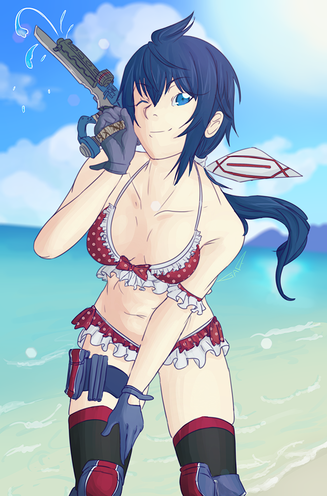 1girl, ;), ahoge, beach, bikini, black_legwear, blue_eyes, blue_gloves