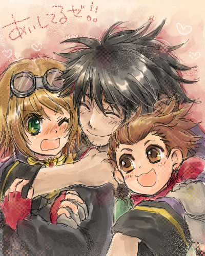 2boys, black_hair, blush, brown_eyes, brown_hair, choker, gloves, green_eyes