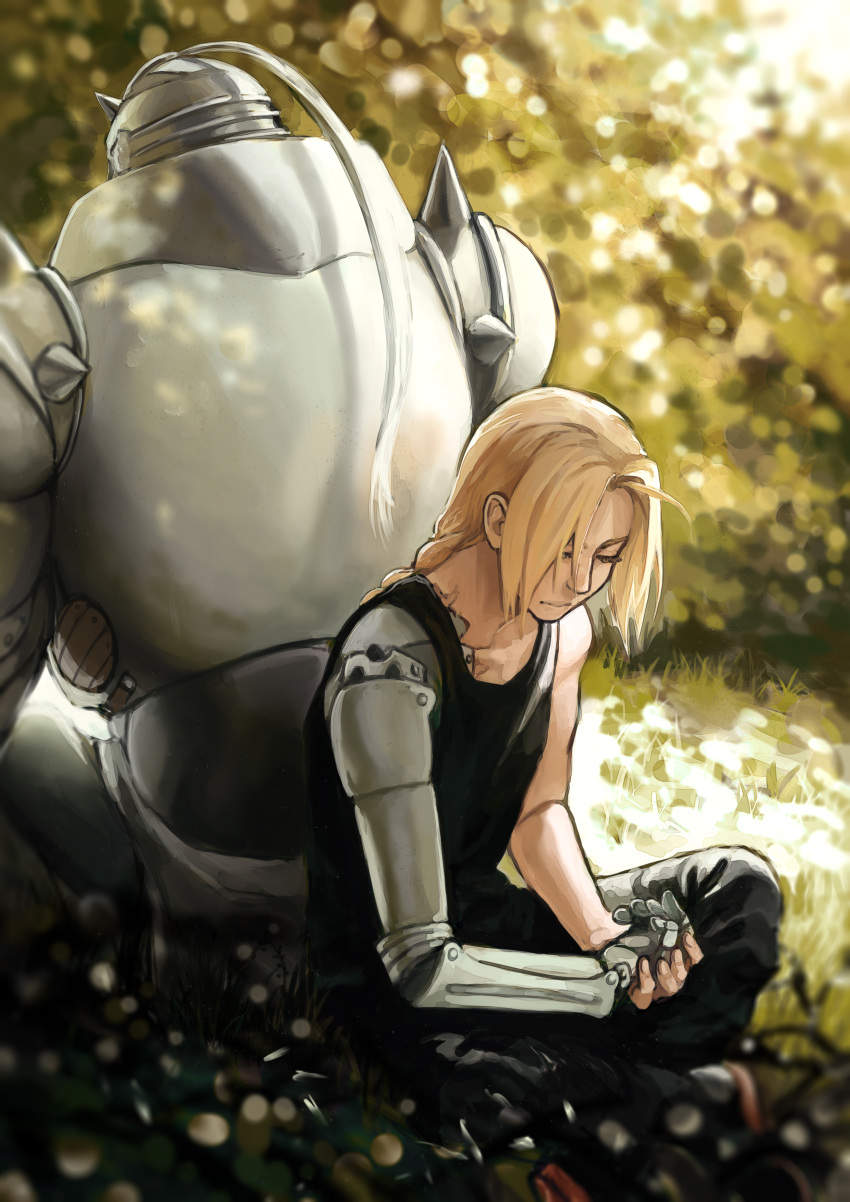 absurdres, alphonse_elric, armor, back-to-back, blonde_hair, blurry, closed_eyes, depth_of_field