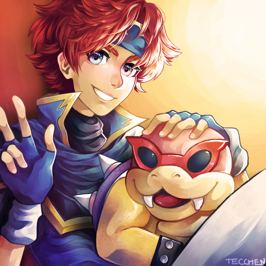 2boys, :d, artist_name, blue_eyes, bracelet, fire_emblem, hand_on_another's_head, headband