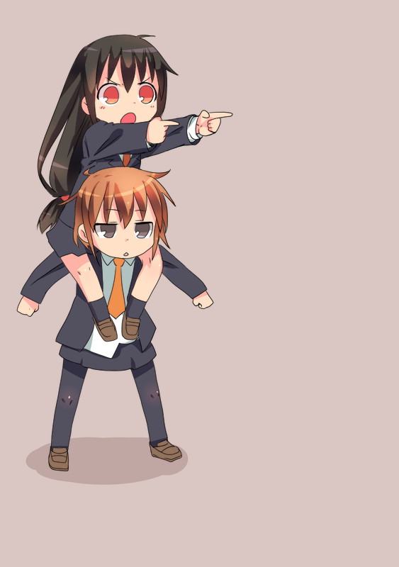 >:o, 2girls, :o, black_hair, black_legwear, black_skirt, blazer, brown_hair