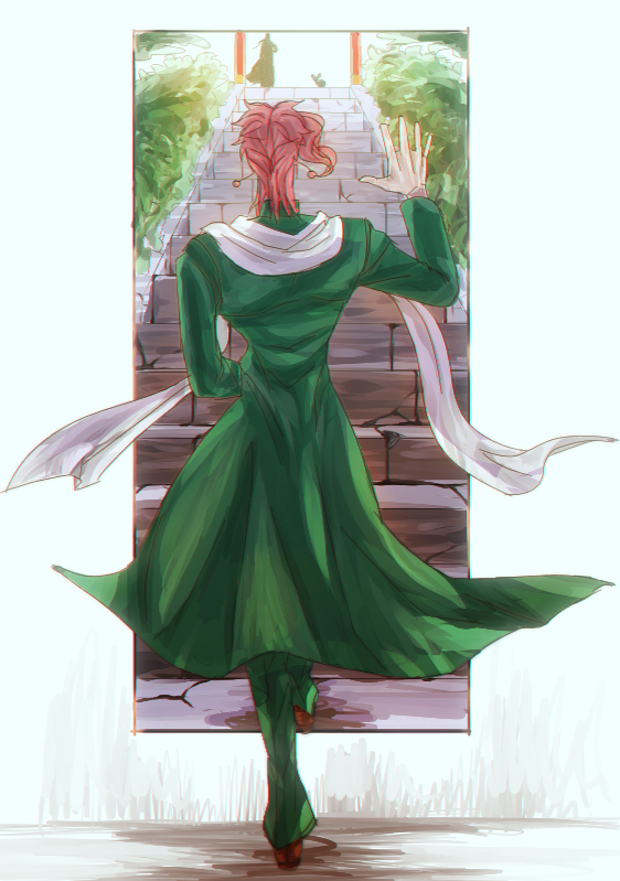 1boy, from_behind, gakuran, jojo_no_kimyou_na_bouken, kakyouin_noriaki, kuroda_matsurika, pink_hair, redhead