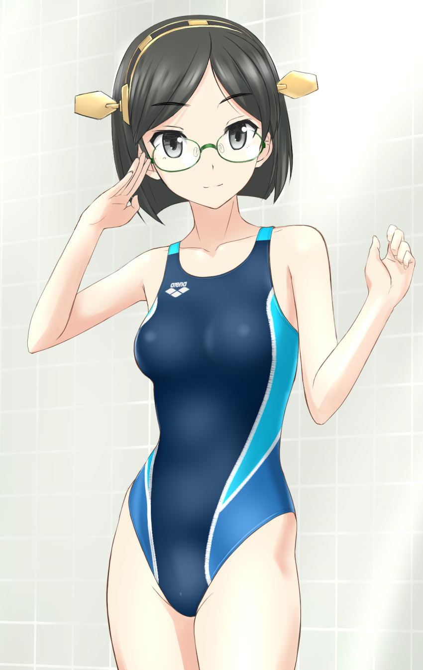 1girl, black_eyes, black_hair, competition_swimsuit, glasses, highres, kantai_collection, kirishima_(kantai_collection)
