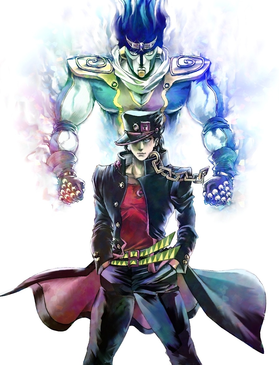 2boys, blue_hair, fingerless_gloves, gloves, hat, jojo_no_kimyou_na_bouken, kuujou_joutarou, long_coat, multiple_boys, noro_(notauchi), stand_(jojo), star_platinum