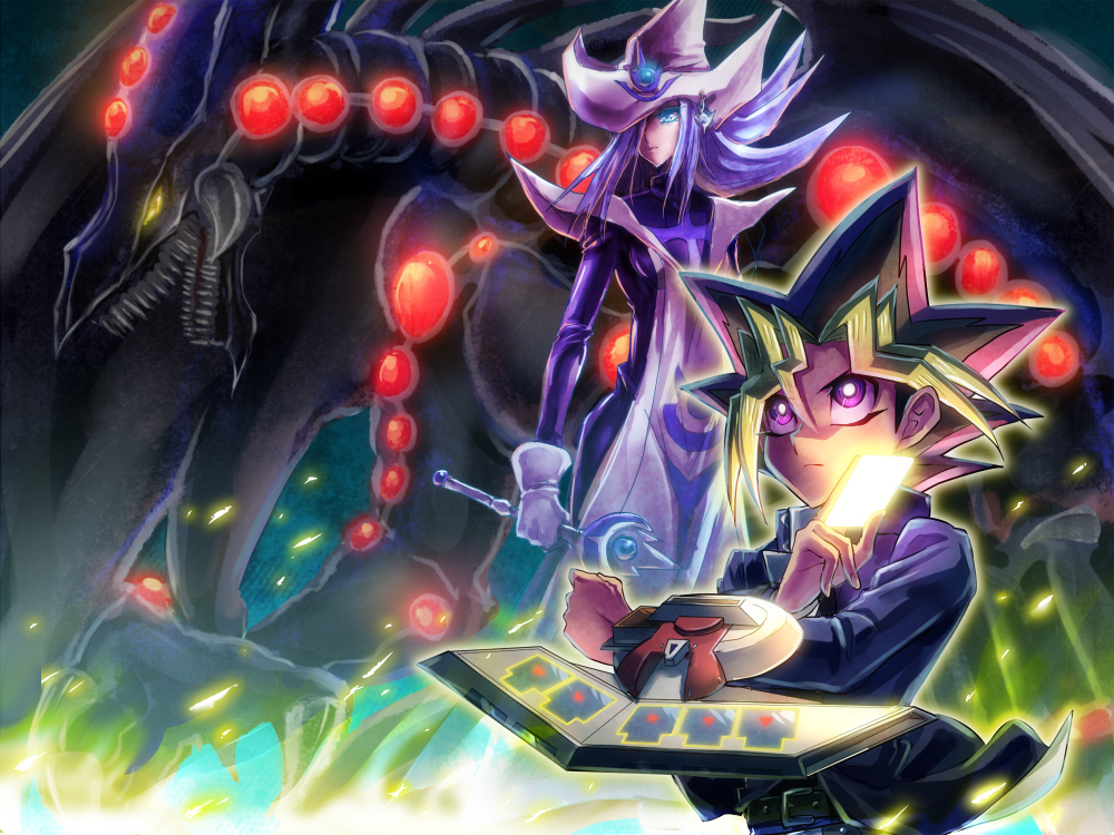 1boy, 1girl, blonde_hair, blue_eyes, boots, breasts, duel_monster, gloves, hat, long_hair, male_focus, multicolored_hair, mutou_yuugi, raijin-bh, school_uniform, silent_magician, silver_hair, spiky_hair, staff, two-tone_hair, violet_eyes, witch_hat, wizard_hat, yuu-gi-ou, yuu-gi-ou_duel_monsters