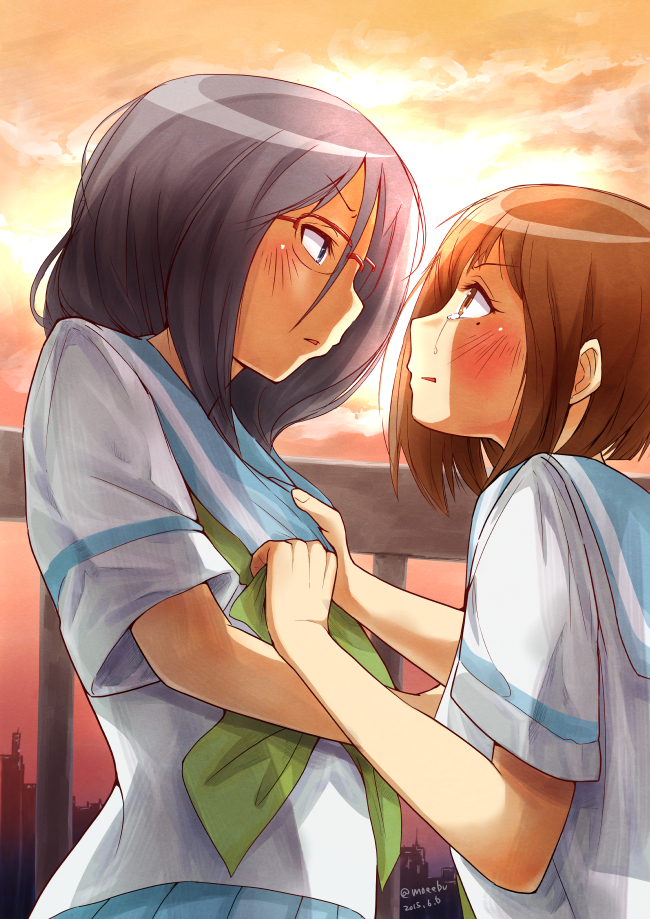 2girls, bangs, black_hair, blush, eye_contact, glasses, hibike!_euphonium, long_hair