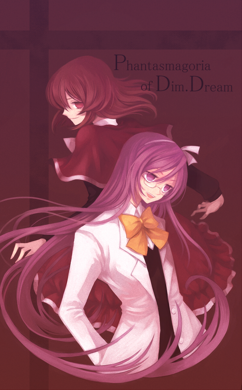 asakura_rikako, bow, dress, glasses, hairband, highres, labcoat, long_hair, looking_back, multiple_girls, okazaki_yumemi, open_mouth, purple_eyes, purple_hair, red_eyes, red_hair, ribbon, rinka, short_hair, smile, strawberry, title_drop, touhou, touhou_(pc-98), very_long_hair