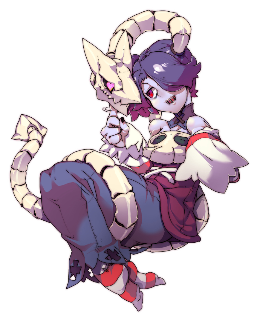 bare_shoulders, blue_skin, highres, purple_hair, red_eyes, skullgirls, squigly_(skullgirls), t.a.k.