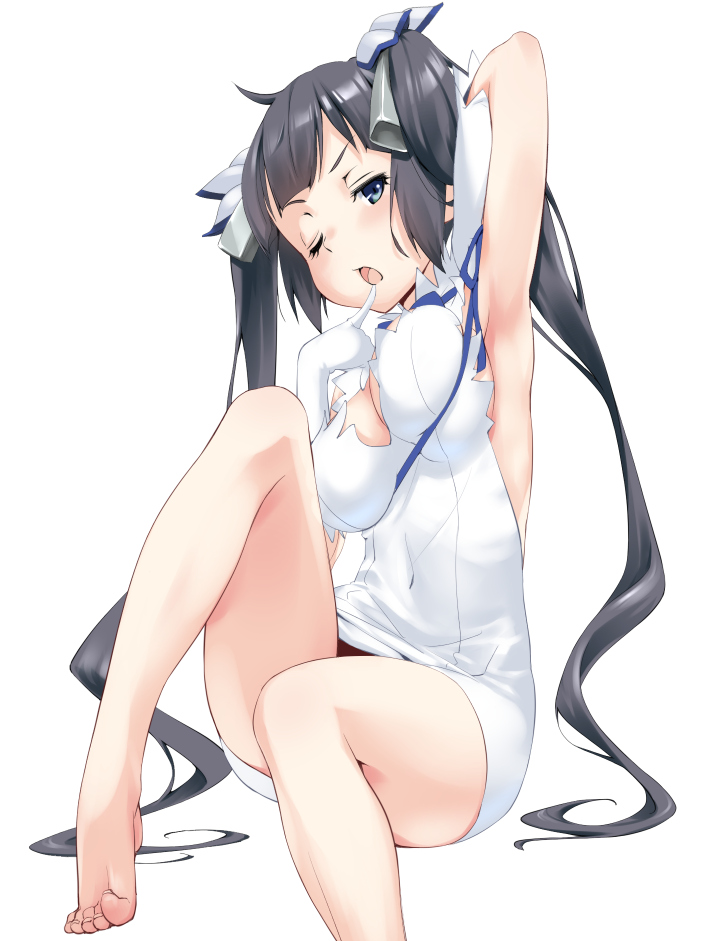 1girl, arm_behind_head, armpits, barefoot, black_hair, blue_eyes, breasts, cleavage