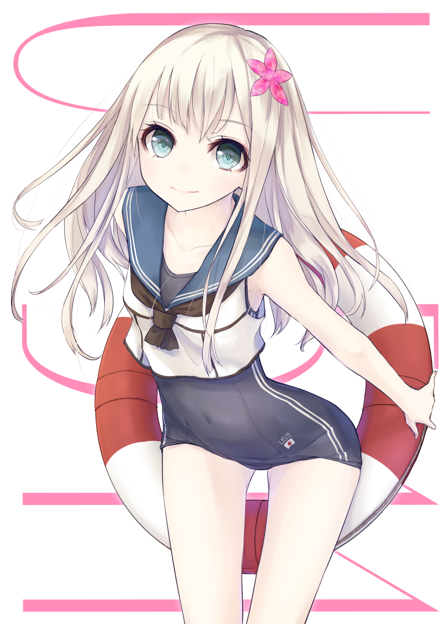 1girl, blonde_hair, blue_eyes, flower, hair_flower, hair_ornament, highres, kantai_collection, la+, lifebuoy, pale_skin, ro-500_(kantai_collection)_(cosplay), smile, swimsuit, u-511_(kantai_collection)