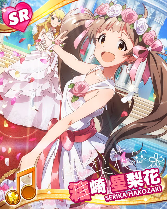 2girls, :d, blonde_hair, bridesmaid, brown_hair, character_name, dress, hakozaki_serika, head_wreath, hoshii_miki, idolmaster, idolmaster_million_live!, looking_at_viewer, multiple_girls, musical_note, official_art, open_mouth, petals, signature, smile, twintails, wedding_dress