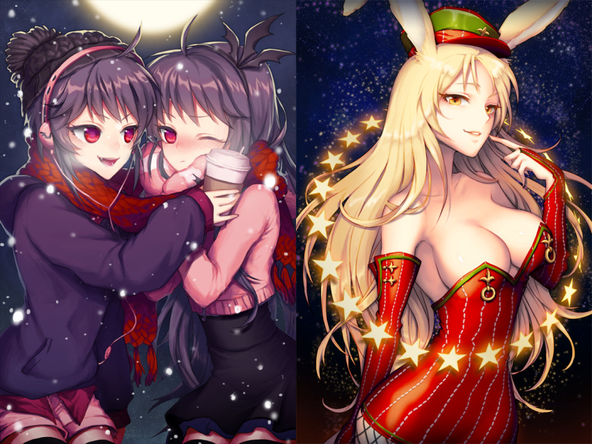 3girls, animal_ears, blonde_hair, blush, breasts, bridal_gauntlets, cannelle, cleavage
