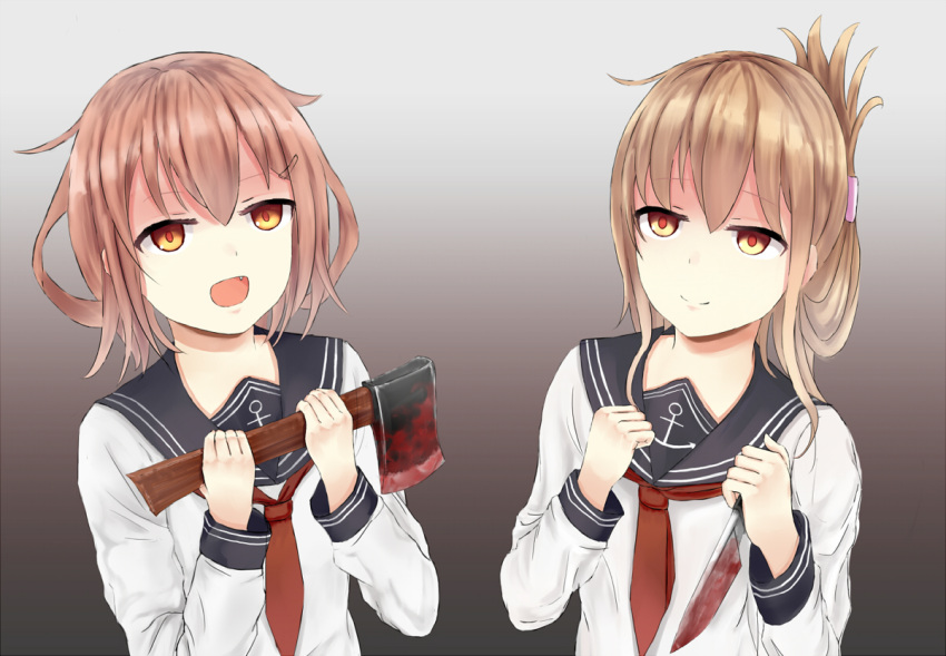 2girls, :d, anchor_symbol, axe, brown_eyes, brown_hair, fang, folded_ponytail