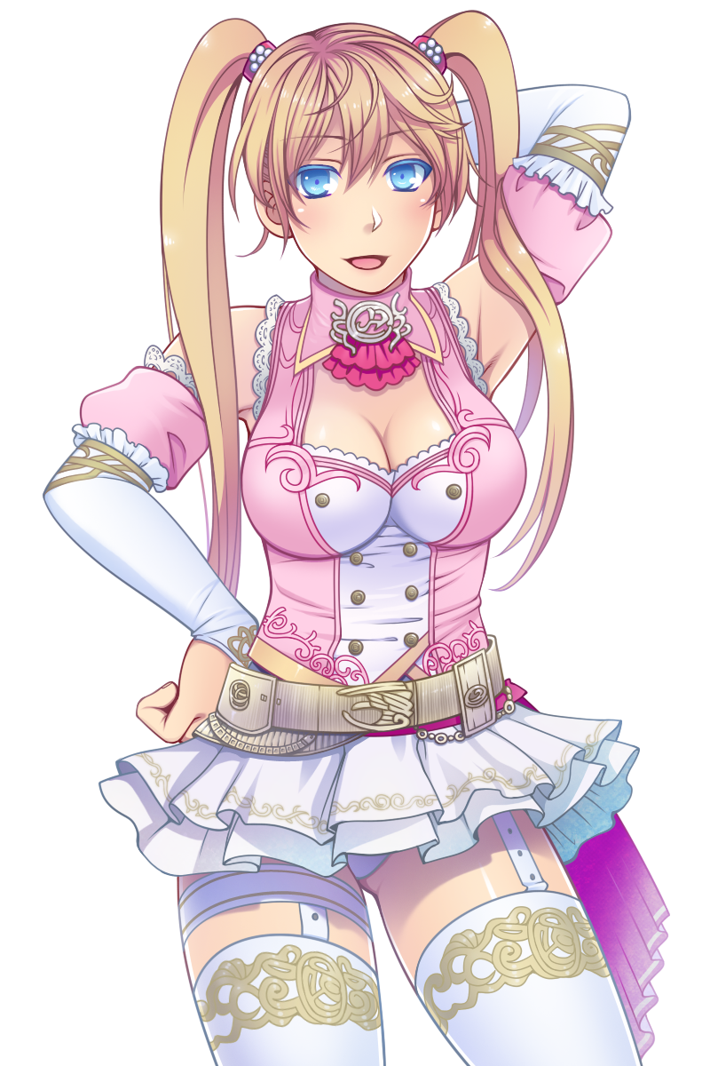 1girl, blonde_hair, blue_eyes, breasts, claire_(granado_espada), cleavage, commentary_request, futase_hikaru, garter_straps, granado_espada, hand_behind_head, hand_on_hip, highres, large_breasts, miniskirt, panties, simple_background, skirt, solo, thigh-highs, thigh_strap, twintails, underwear, white_background, white_legwear