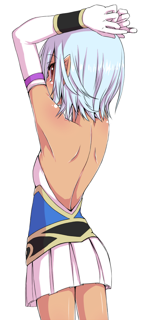 1girl, arms_up, back, bare_back, blue_hair, dark_skin, elbow_gloves, from_behind