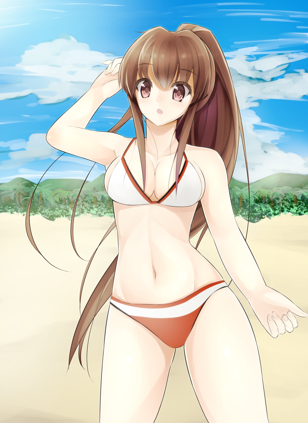 1girl, bikini, brown_eyes, brown_hair, highres, kantai_collection, long_hair, ponytail