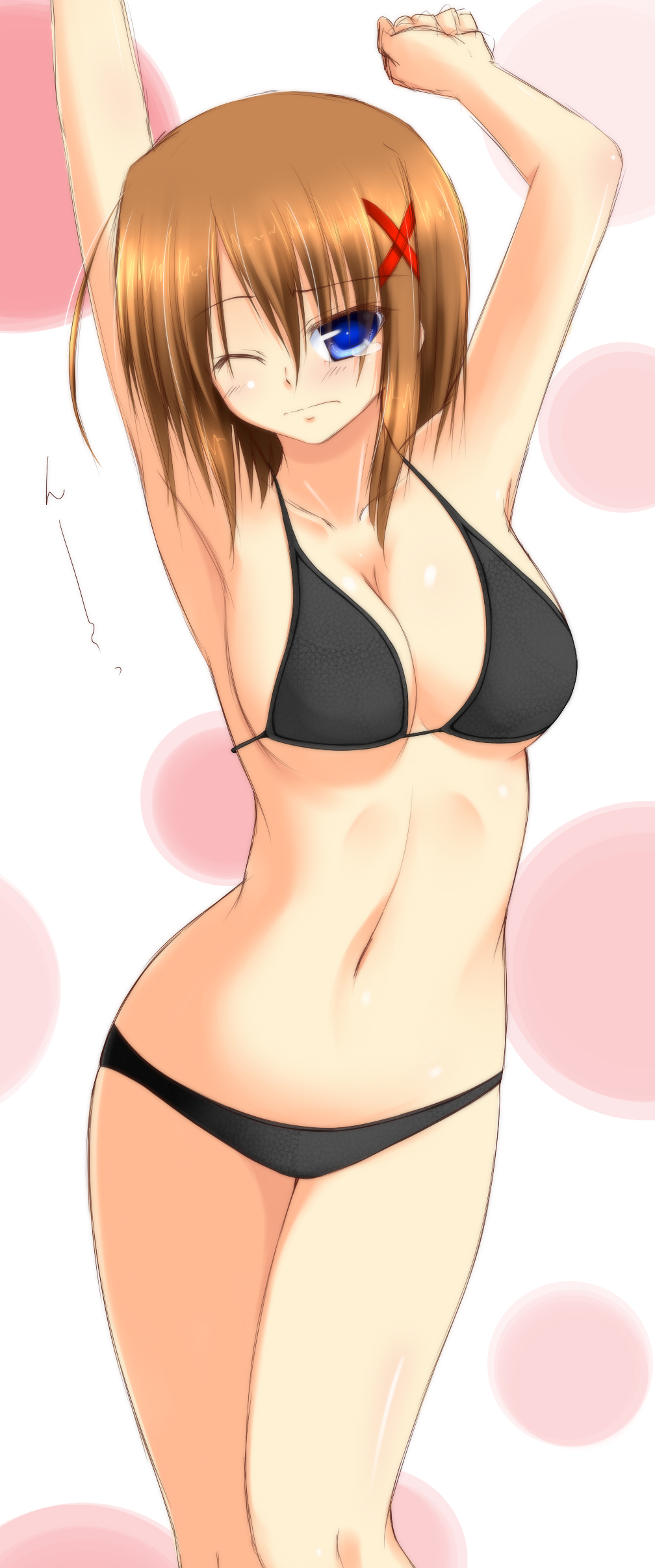 1girl, absurdres, arms_up, bikini, blue_eyes, brown_hair, highres, lask