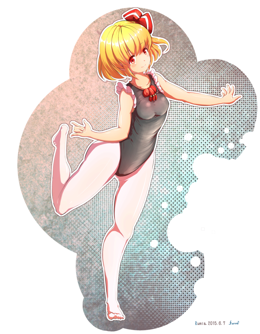 1girl, blonde_hair, furim, hair_ribbon, leotard, pantyhose, red_eyes, ribbon, rumia, short_hair, standing, touhou