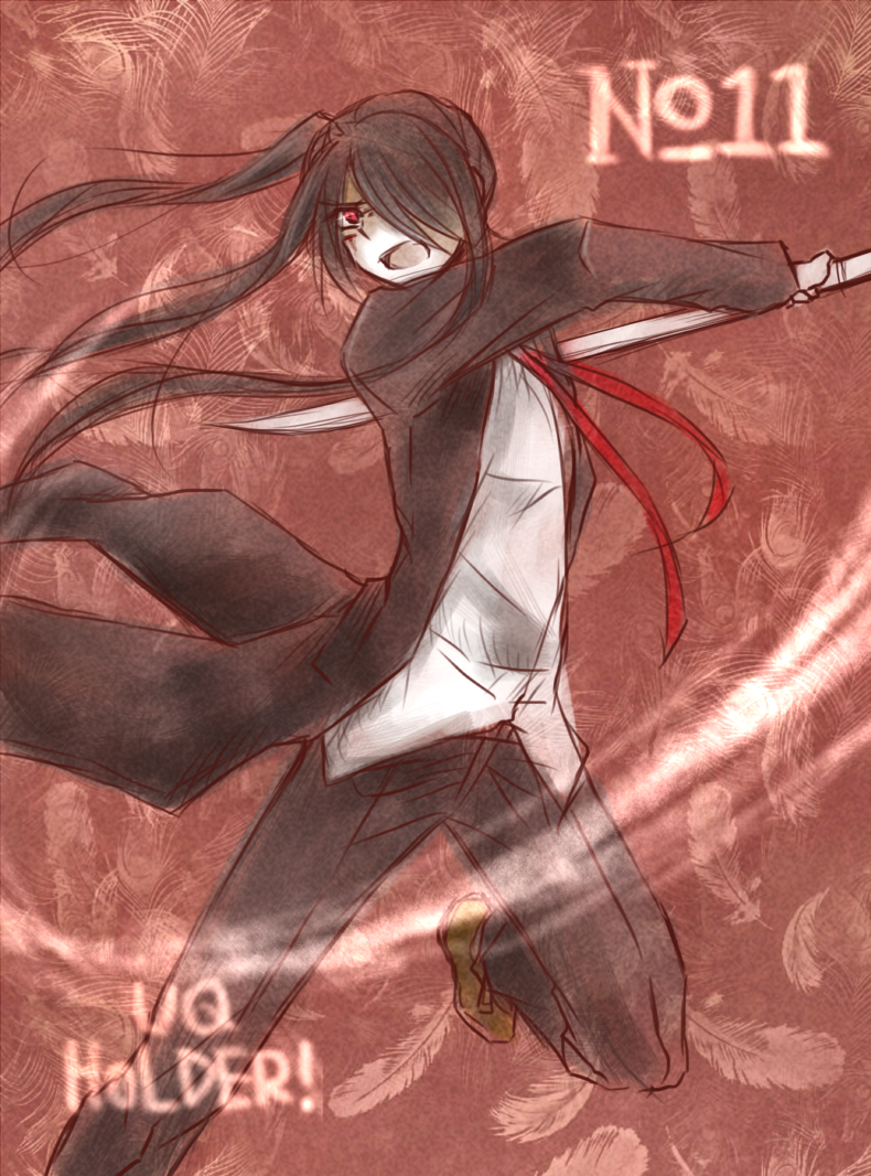androgynous, black_hair, coattails, copyright_name, fighting_stance, full_body, gakuran, hair_over_one_eye