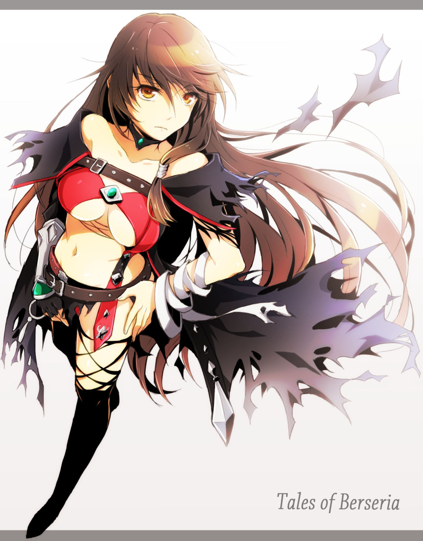 1girl, belt, black_gloves, black_hair, breasts, copyright_name, fingerless_gloves, gloves