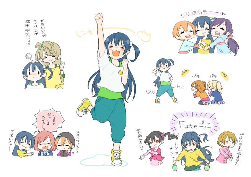 6+girls, :3, ayase_eli, beanie, black_hair, blonde_hair, blush, brown_hair