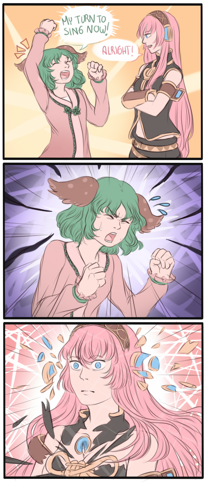 2girls, 3koma, animal_ears, arm_up, blue_eyes, broken, closed_eyes, comic