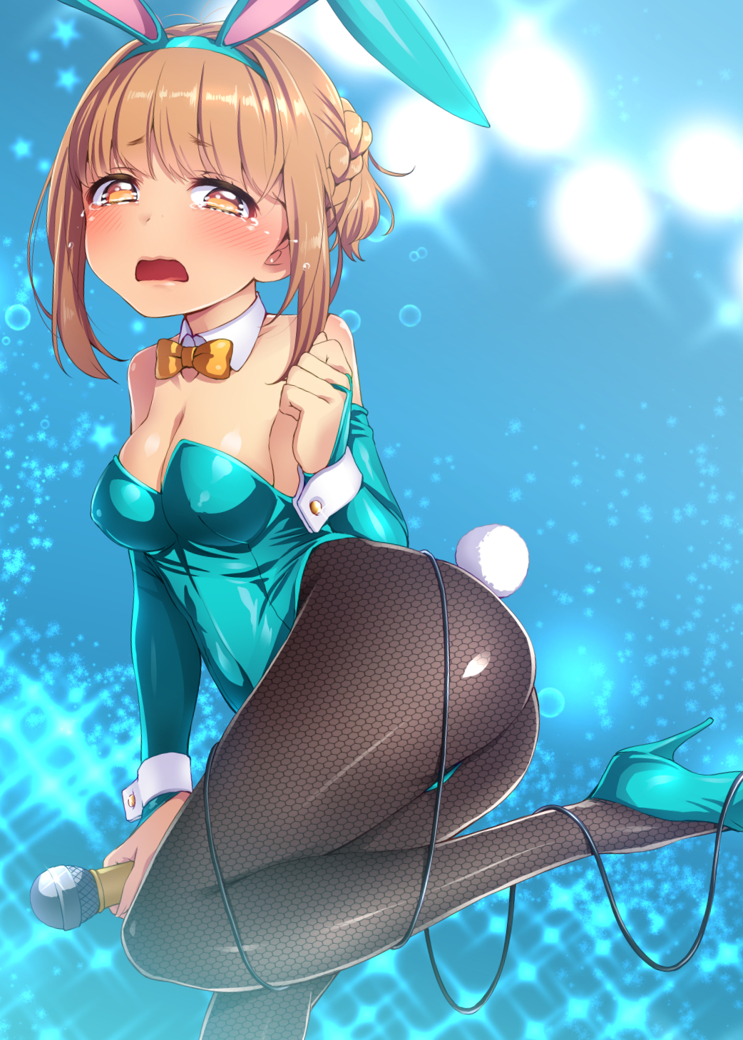 1girl, animal_ears, ass, bangs, bare_shoulders, blush, bowtie, braid