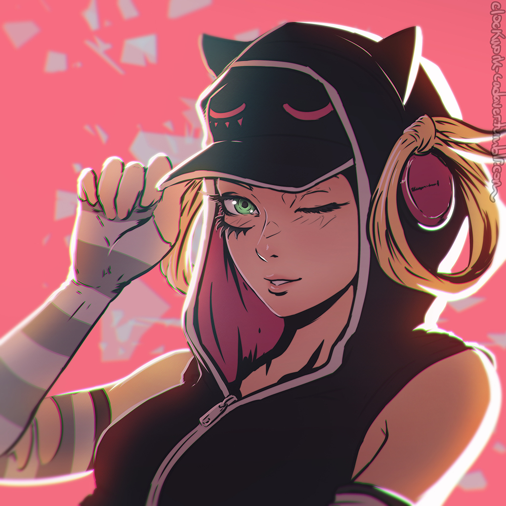 1girl, ;), animal_hood, aries_m_(freedom_wars), baseball_cap, blonde_hair, clockwork-cadaver, elbow_gloves, eyelashes, fingerless_gloves, freedom_wars, gloves, green_eyes, hair_rings, hat, hood, hooded_jacket, lips, looking_at_viewer, nose, one_eye_closed, sleeveless, sleeveless_hoodie, smile, solo, striped, striped_gloves, torn_clothes, torn_gloves, upper_body, zipper